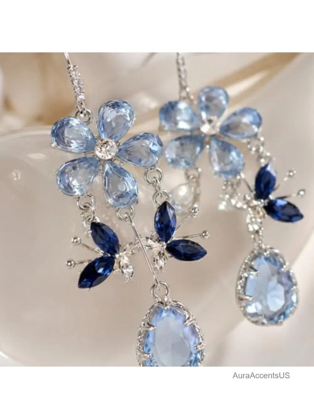 Blue Crystal Flower Butterfly Drop Earrings for Women, Silver Tone Rhinestone